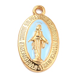 Honeyhandy Golden Alloy Enamel Pendants, Long-Lasting Plated, Our Lady of the Miraculous Medal, Oval, Light Cyan, 21x12x1.5mm, Hole: 1.7mm