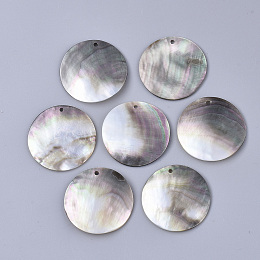 Honeyhandy Black Lip Shell Pendants, Flat Round, Gainsboro, 30x1~2mm, Hole: 1.6mm