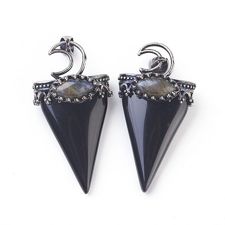 Honeyhandy Natural Obsidian Big Pendants, with Brass Findings, Triangle, Antique Silver, 53~58x28~29x16~18mm, Hole: 5x7mm
