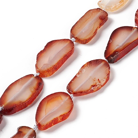 Natural Agate Beads Strands, Dyed, Nuggets, Orange Red, 26.5~47x23~28x5~6mm, Hole: 2.5mm, about 10~14pcs/strand, 15.75~17.32 inch(40~44cm)