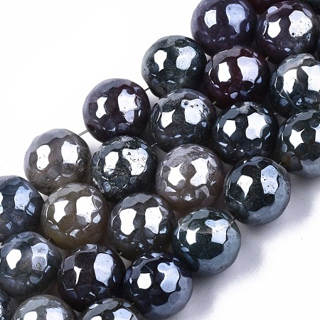 Honeyhandy Natural Agate Beads Strands, Pearl Luster Plated, Faceted, Round, Gray, 9~10mm, Hole: 1mm, about 37pcs/strand, 14.17 inch~14.57 inch(36~37cm)