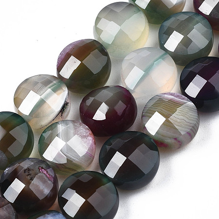 ARRICRAFT Natural Agate Beads Strands, Dyed, Faceted, Flat Round, Dark Sea Green, 9.5~10.5x9.5~10.5x6~8mm, Hole: 0.7~1.2mm, about 38pcs/strand, 14.37 inch~15.24 inch(36.5cm~38.7cm)
