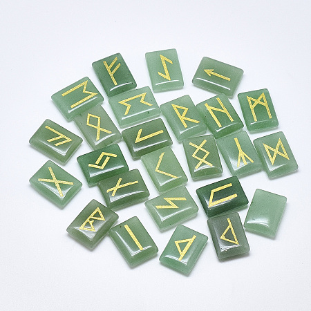 ARRICRAFT Natural Green Aventurine Cabochons, Rectangle with Runes/Futhark/Futhorc, 20x15x6mm; 25pcs/set