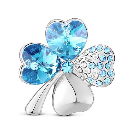 SHEGRACE Alloy Brooch, Micro Pave AAA Cubic Zirconia Four Leaf Clover with Austrian Crystal, Aquamarine, 22x25mm