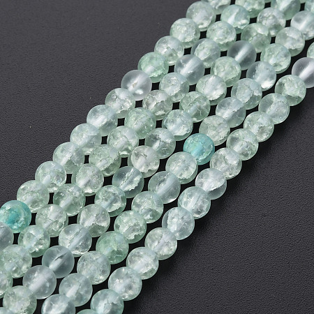 Crackle Glass Beads Strands, Dyed & Heated, Frosted, Round, Light Green, 4mm, Hole: 0.8mm, about 98~100pcs/strand, 15.35 inch(39cm)