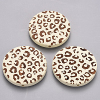 Honeyhandy Painted Natural Wood Beads, Laser Engraved Pattern, Flat Round with Leopard Print, Creamy White, 30x5mm, Hole: 1.6mm