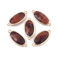 Honeyhandy Natural Tiger Eye Links connectors, with Brass Findings, Faceted, Oval, Golden, 28~28.5x12x5mm, Hole: 1.6mm