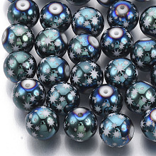 Honeyhandy Christmas Electroplate Glass Beads, Round with Star Pattern, Green Plated, 10mm, Hole: 1.2mm