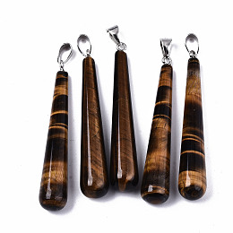 Honeyhandy Natural Tiger Eye Big Pendants, with Platinum Tone Iron Pinch Bail, Teardrop, 58.5~59.5x10mm, Hole: 4x6.5mm