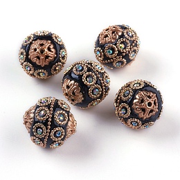 Honeyhandy Handmade Indonesia Beads, with Metal Findings, Light Gold Color Plated, Round, Black, 20~21x19~20mm, Hole: 1.5mm