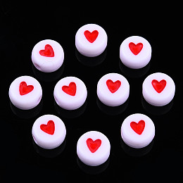 Honeyhandy Opaque Acrylic Beads, with Enamel, Flat Round with Heart, Red, 7x3.5mm, Hole: 1.2mm, about 3600~3700pcs/500g