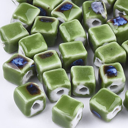 Honeyhandy Handmade Porcelain Beads, Fancy Antique Glazed Porcelain, Cube, Green, 8x7.5~8x7.5~8mm, Hole: 1.5~2mm