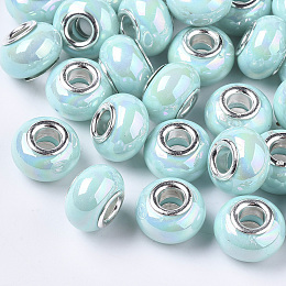 Honeyhandy Opaque Resin European Beads, Large Hole Beads, Imitation Porcelain, with Platinum Tone Brass Double Cores, AB Color, Rondelle, Cyan, 14x9mm, Hole: 5mm