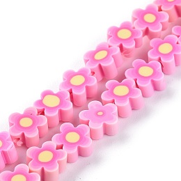 Honeyhandy Handmade Flower Printed Polymer Clay Beads Strands, Flower, Pink, 9.6x4mm, Hole: 1.4mm, about 38pcs/Strand, 12.99 inch (33cm)