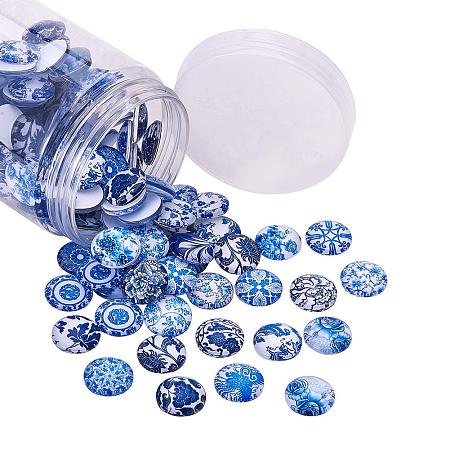 PandaHall Elite 140pcs Glass Dome Cabochons, 18mm Blue Flower Glass Flat Back Cabochons for Bracelet Pendant Necklace Cufflinks Rings Jewelry Making