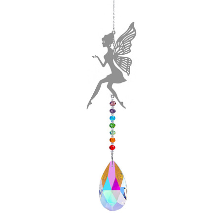 Honeyhandy Metal Big Pendant Decorations, Hanging Sun Catchers, Chakra Theme K9 Crystal Glass, Fairy, Colorful, 42cm