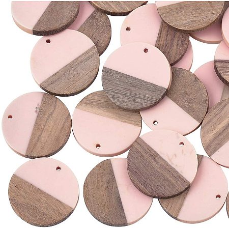 OLYCRAFT 10pcs Resin Wooden Earring Pendants Flat Round Vintage Resin Wood Statement Jewelry Findings for Necklace and Earring Making - Pink