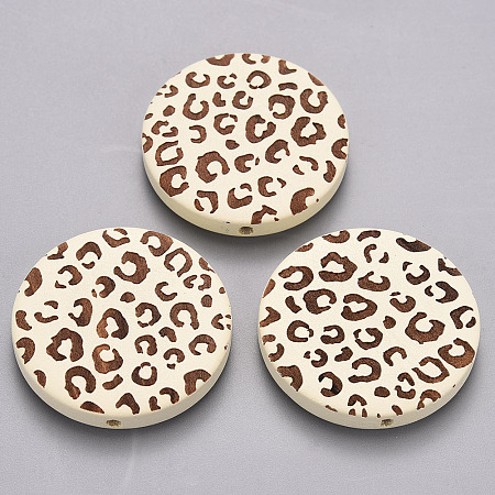 Honeyhandy Painted Natural Wood Beads, Laser Engraved Pattern, Flat Round with Leopard Print, Creamy White, 30x5mm, Hole: 1.6mm