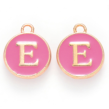 Honeyhandy Golden Plated Alloy Enamel Charms, Cadmium Free & Lead Free, Enamelled Sequins, Flat Round with Letter, Camellia, Letter.E, 14x12x2mm, Hole: 1.5mm