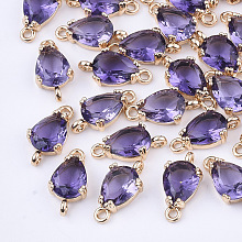 Honeyhandy Transparent Glass Links connectors, with Brass Findings, Faceted, Teardrop, Light Gold, Medium Purple, 13x7x3.5mm, Hole: 1.2mm