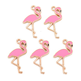 Honeyhandy Alloy Enamel Pendants, Cadmium Free & Nickel Free & Lead Free, Light Gold, Flamingo Shape, Hot Pink, 25.5x15x2mm, Hole: 1.6mm