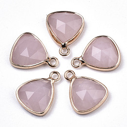 Honeyhandy Natural Rose Quartz Charms, with Light Gold Plated Brass Edge and Loop, Triangle, Faceted, 14x11x4mm, Hole: 1.5mm