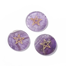 Honeyhandy Natural AmethystCabochons, Flat Round with Pentagram Pattern, 25x2.5~3mm