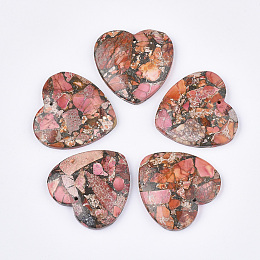 Honeyhandy Synthetic Gold Line Regalite/Imperial Jasper/Sea Sediment Jasper Pendants, Dyed, Heart, Orange, 38.5~39.5x40~40.5x7~7.5mm, Hole: 1.4mm