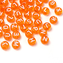 Honeyhandy Transparent Dark Orange Acrylic Beads, Horizontal Hole, Mixed Letters, Flat Round with White Letter, 7x4mm, Hole: 1.5mm, 100pcs/Bag