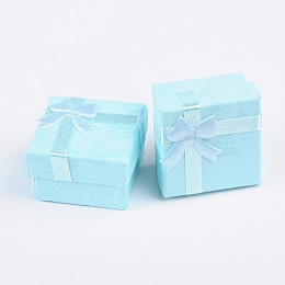 Cardboard Ring Boxes, with Satin Ribbons Bowknot outside, Square, Sky Blue, 41x41x26mm