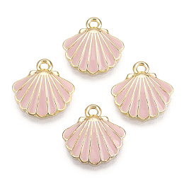 Honeyhandy Alloy Enamel Charms, Light Gold, Scallop Shell Shape, Pink, 13x13x2mm, Hole: 1.5mm