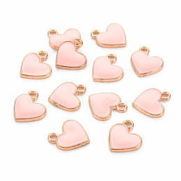 Honeyhandy Alloy Enamel Charms, Heart, Golden, Pink, Golden, 12x11x1.5mm, Hole: 1.5mm