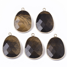 Honeyhandy Natural Tiger Eye Pendants, with Golden Plated Edge Brass Findings, Faceted, Oval, 25~26x17~18x5mm, Hole: 1.4mm