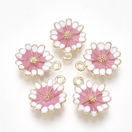 Nbeads  Alloy Pendants, with Enamel, Flower, Light Gold, Flamingo, 15x12x3mm, Hole: 1.4mm