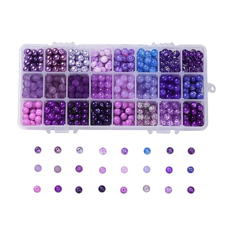 Mixed Style Glass Beads, Dyed, Round, 24 Colors, Gradient Color, Purple, 8mm, Hole: 1.3~1.6mm; about 27~30pcs/color, 648~720pcs/box