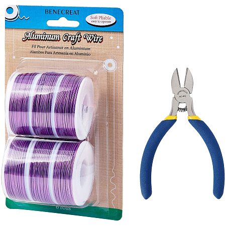 BENECREAT 6 Rolls 18 Gauge Aluminum Craft Wire with Side Cutting Plier, 450 Feet Jewelry Beading Wire Bendable Metal Wire for Jewelry Making Craft, Purple