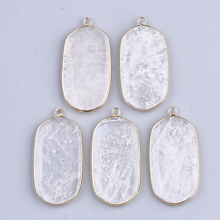 Honeyhandy Natural Quartz Crystal Pendants, with Brass Findings, Oval, Golden, 47x23x4mm, Hole: 2mm