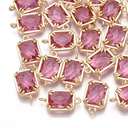 Honeyhandy Glass Links connectors, with Brass Findings, Faceted, Rectangle, Golden, Hot Pink, 16x9x3.5mm, Hole: 1.2mm