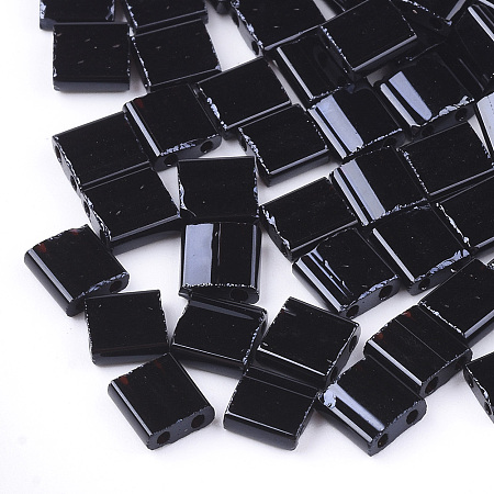 Honeyhandy 2-Hole Opaque Glass Seed Beads, Rectangle, Black, 5x4.5~5.5x2~2.5mm, Hole: 0.5~0.8mm