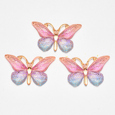 NBEADS Transparent Acrylic Pendants, with Plated Bottom, Butterfly, Colorful, 23x38x5mm, Hole: 1.2mm