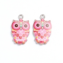 Alloy Enamel Pendants, Owl, Platinum, Hot Pink, 23.5x13x2mm, Hole: 1.6mm, 2pcs/bag