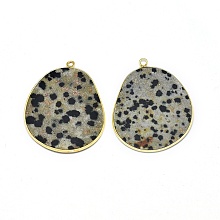 Honeyhandy Natural Dalmatian Jasper Pendants, with Brass Findings, Golden, 33.5~34x27x2mm, Hole: 1.5mm