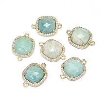 Honeyhandy Natural Amazonite Links connectors, with Golden Tone Brass Findings and Cubic Zirconia, Faceted, Square, Clear, 18.5~19x13.5x4.5mm, Hole: 1.6mm