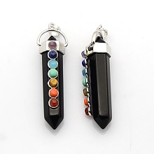 Honeyhandy Yoga Chakra Jewelry Platinum Plated Brass Gemstone Double Terminated Pointed Big Pendants, Black Agate, 58x17x16mm, Hole: 7x6mm