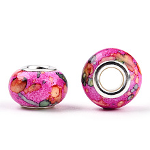 Honeyhandy Opaque Resin European Beads, Imitation Crystal, Two-Tone Large Hole Beads, with Silver Tone Brass Double Cores, Rondelle, Magenta, 14x9.5mm, Hole: 5mm