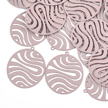 Honeyhandy 430 Stainless Steel Filigree Pendants, Spray Painted, Etched Metal Embellishments, Oval, Pink, 30x25x0.3mm, Hole: 1.2mm