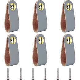 GORGECRAFT 6Pcs Leather Handles Vintage Cabinet Door Handle Gray Color Leather Drawer Pulls for Kitchen Bathroom Cabinets Cupboards Wardrobe Dresser, 143x25mm