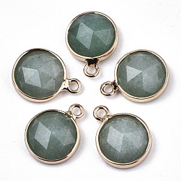 Honeyhandy Natural Green Aventurine Charms, with Light Gold Plated Brass Edge and Loop, Half Round/Dome, Faceted, 14x11x5mm, Hole: 1.5mm