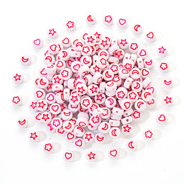 Honeyhandy White Opaque Acrylic Beads, Flat Round with Heart & Flower & Moon & Star, Hot Pink, 7x4mm, Hole: 1.6mm, 200pcs/set