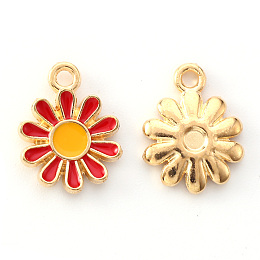 Honeyhandy Alloy Enamel Charms, Flower, Light Gold, Red, 14x12x2mm, Hole: 1.6mm